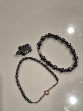 Hematite Bead Necklace and Bracelet Set with Turtle Pendant - Dark Gray